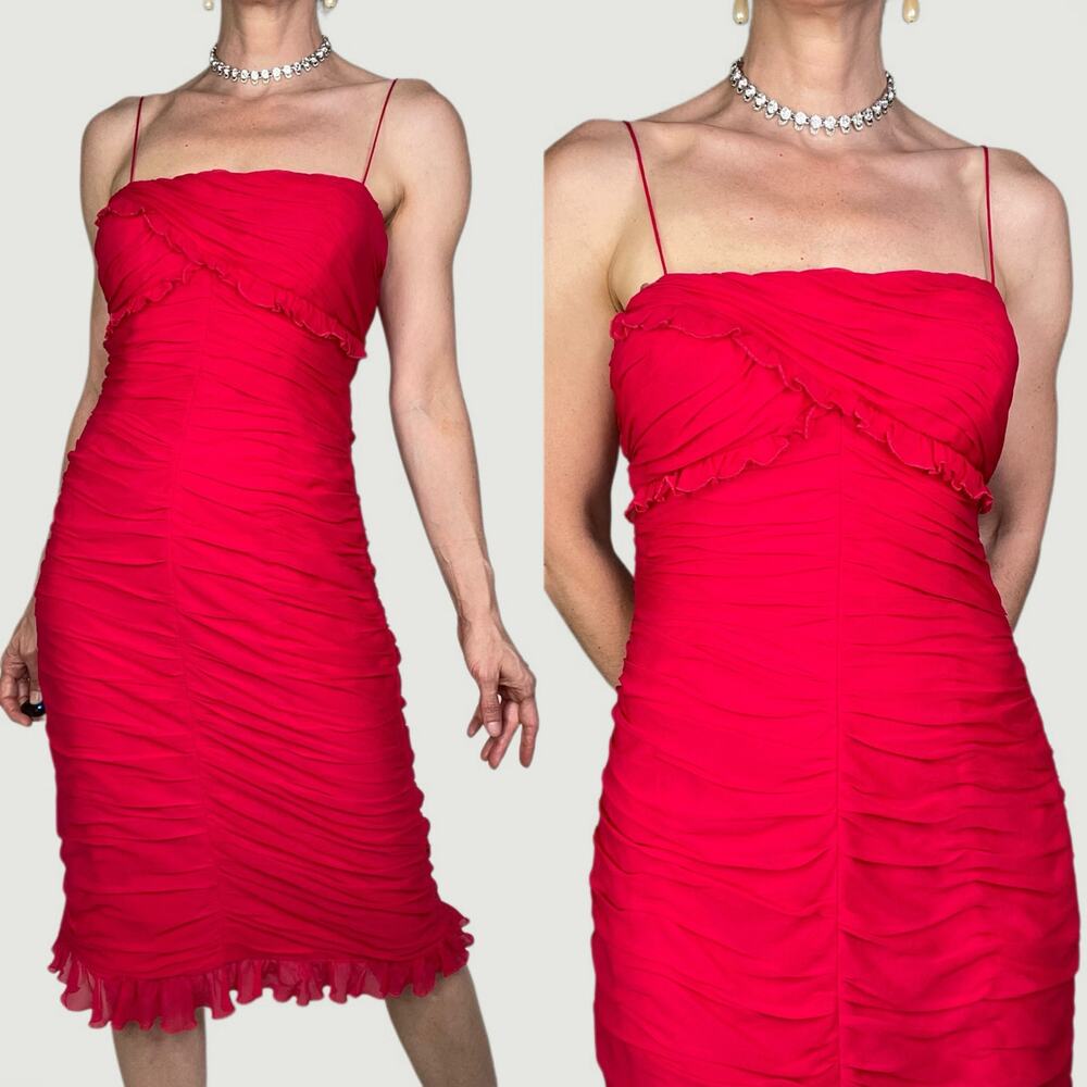 Cache silk ruffled‎ sweetheart slip dress cocktail red ruched midi formal red 8
